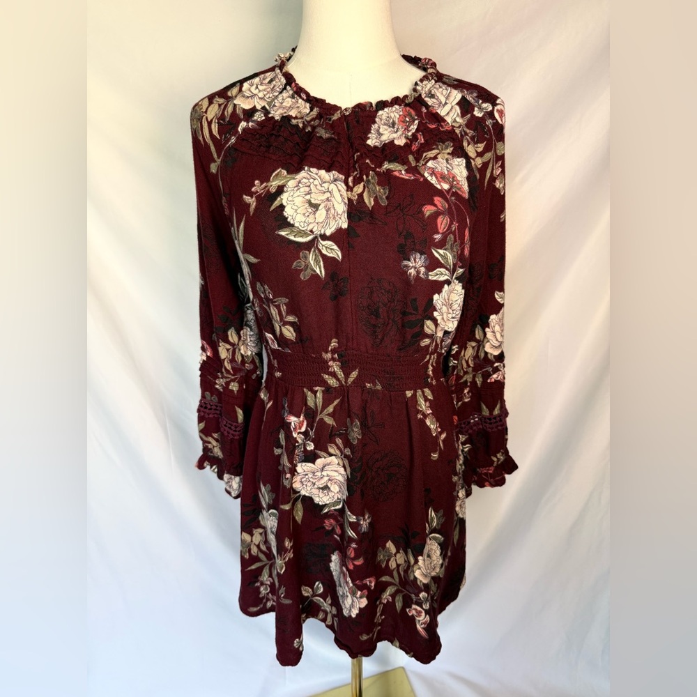 American Rag Burgundy Floral Long Sleeve Smocked Waist Mini Dress Peasant Boho